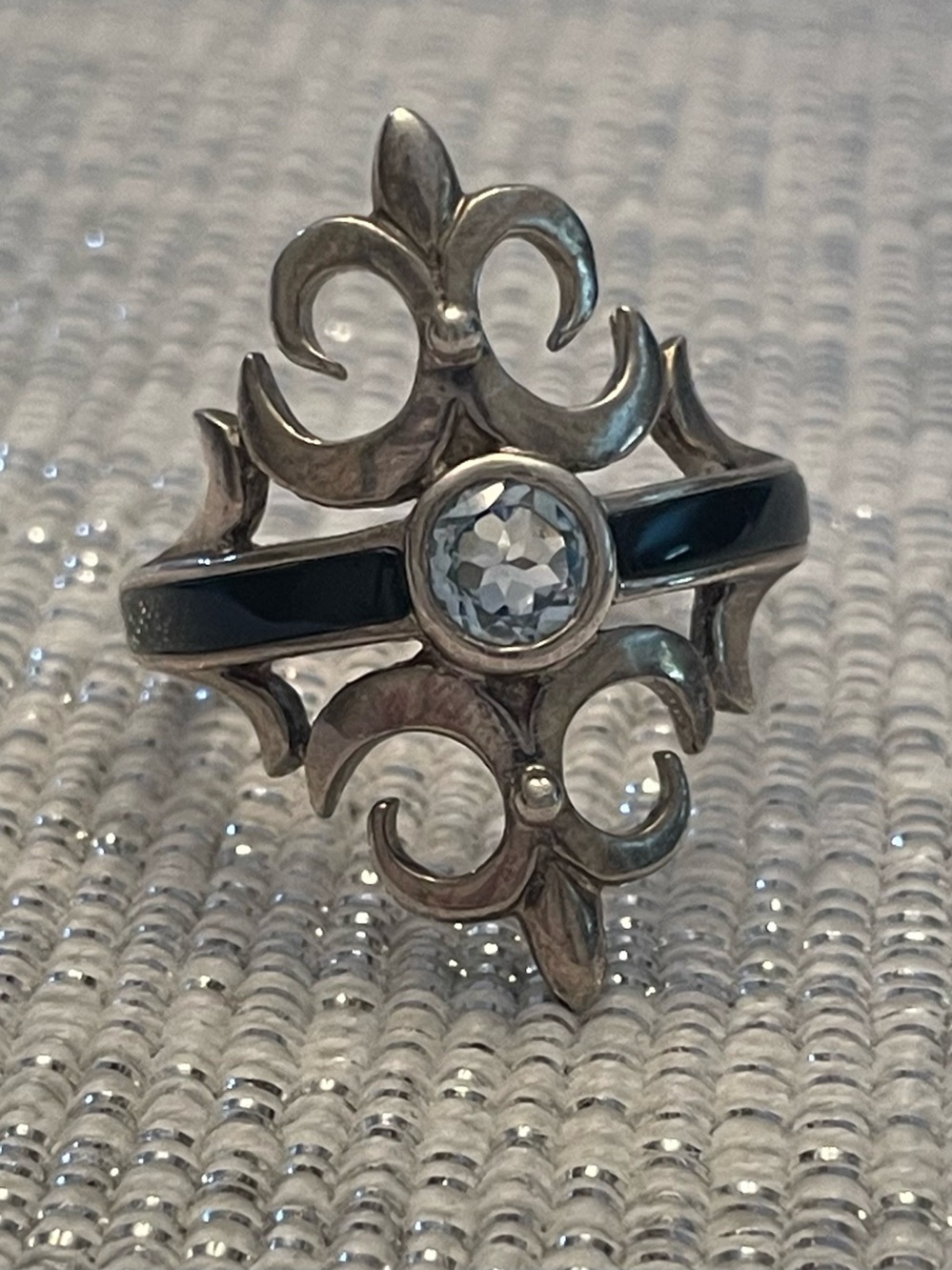 Sterling Silver Fleur-de-Lis Ring with Black Enamel and Clear Crystal